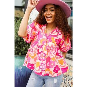 Find Love Pink/Yellow Floral Frill Balloon Short Sleeve Top  2X